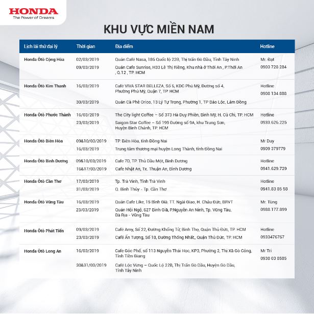 Lịch lái thử các dòng xe Honda Ôtô Tháng 3/2019